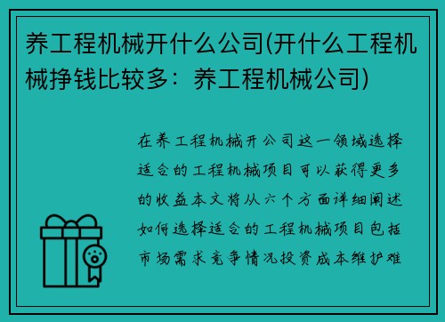 养工程机械开什么公司(开什么工程机械挣钱比较多：养工程机械公司)